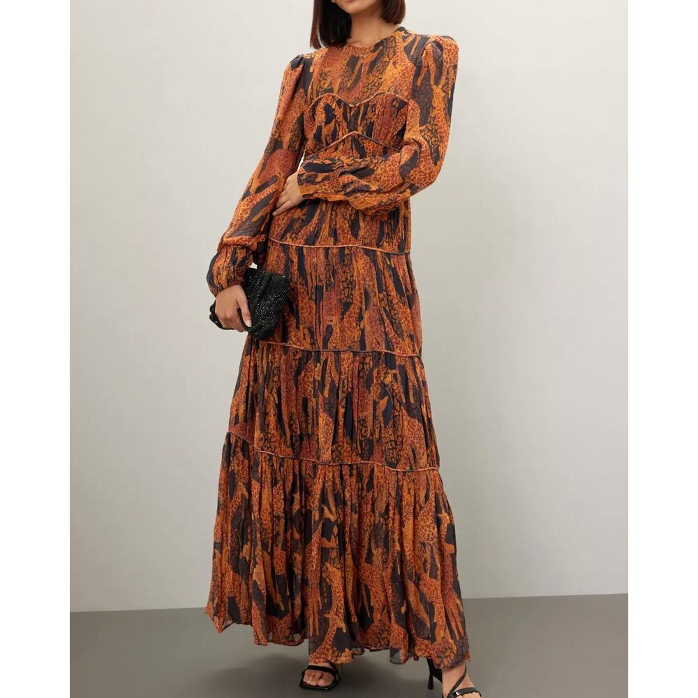 FARM RIO Giraffes Black Puff Long Sleeve Maxi Dress XS NEW Pleated Print Pattern
